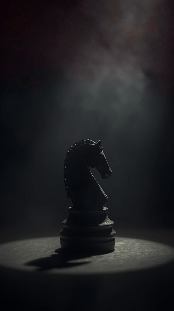 Pièce à conviction n°2 : Cavalier d'échecs noir fissuré sur marbre blanc, symbole de la manipulation stratégique.