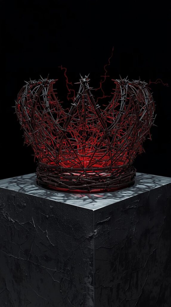 Hyper-realistic vertical photograph, close-up, focusing solely on a massive_20260316_151040_0000 Couronne de fil de fer barbelé rouillé posée sur un pupitre d'école en bois sombre symbole du harcèlement et de la cour des loups