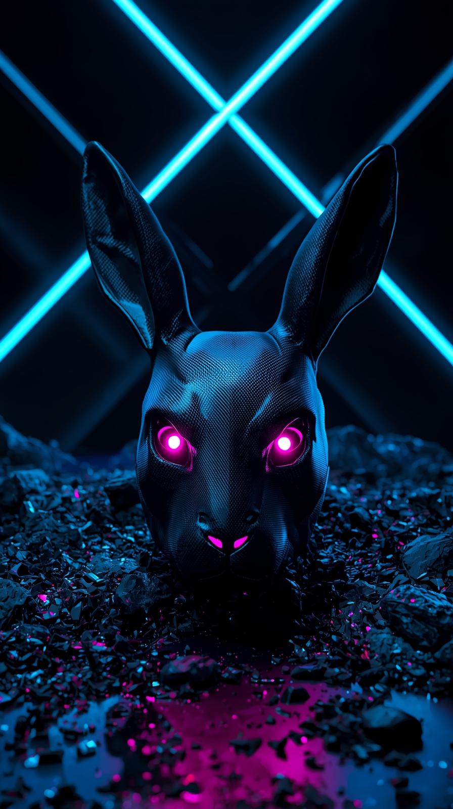 Hyper-realistic vertical photograph. A high-tech, slightly damaged rabbit m_20260316_152659_0000
