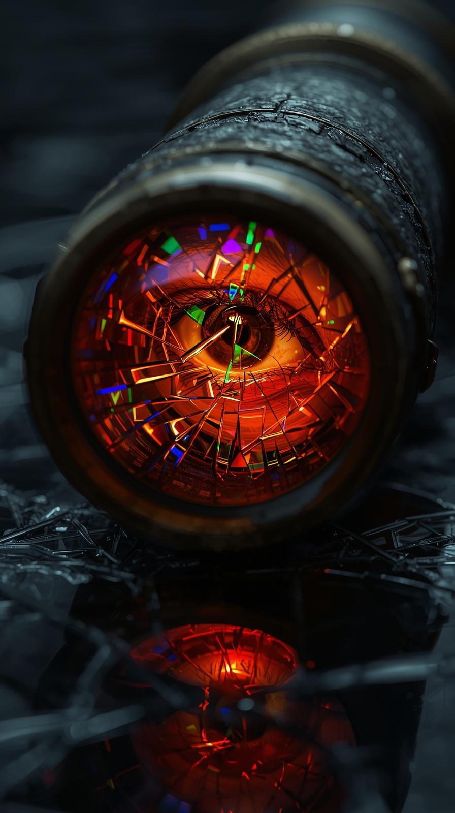 Kaléidoscope brisé avec reflets de circuits imprimés symbole de la fragilité neurologique et de l'innocence de verre